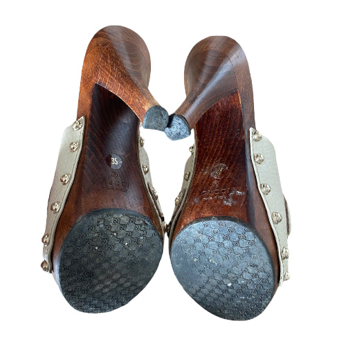 GUCCI Beige Leather Horsebit Icon Bit Wood Clogs, Size 35