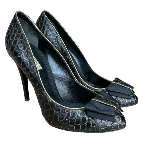 DOLCE & GABBANA Black Python Leather Bow Detail Pumps, Size 38.5
