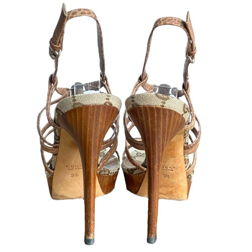 GUCCI Brown Leather Strappy, Guccissima, Bamboo Icon Sandals, Size 36