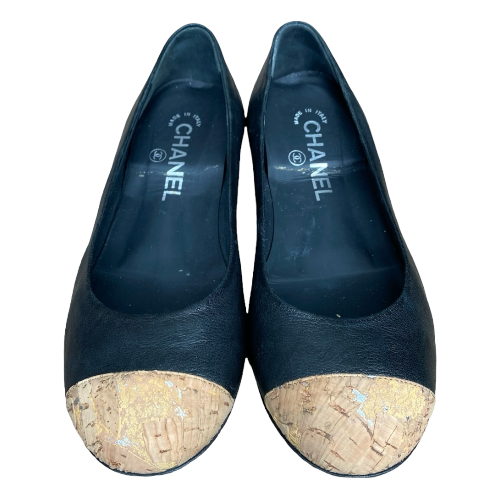 CHANEL Black Leather Cork Cap Toe Wedge Low Heel Pumps, Size 38