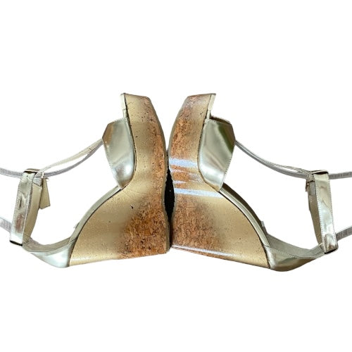 JIMMY CHOO Pela Gold Metallic Leather T Strap Cork Wedge Sandals, Size 39.5