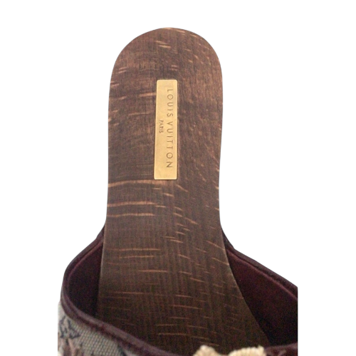 LOUIS VUITTON Gray Monogram Canvas w Rhinestone & Raffia Clog Mules, Size 37.5