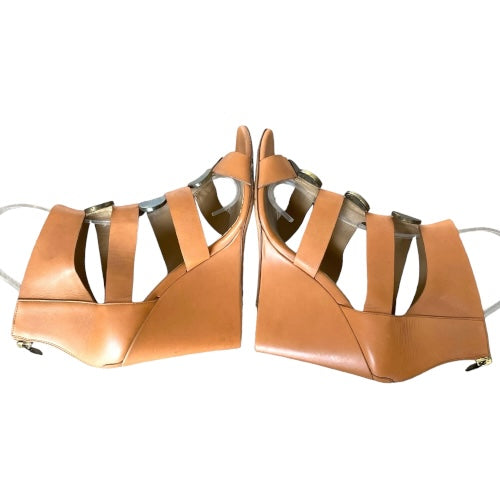 BALENCIAGA Camel Leather Strappy Gladiator Bronze Buckle Wedge Sandals, Size 40