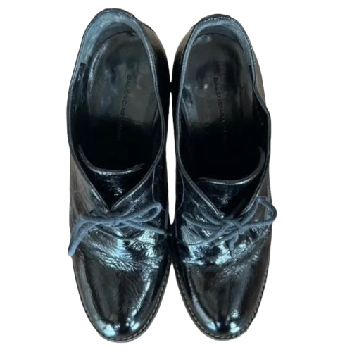 BALENCIAGA Black Patent Leather Lace Up Block Heel Ankle Booties, Size 40