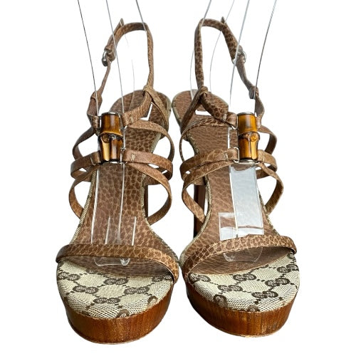 GUCCI Brown Leather Strappy, Guccissima, Bamboo Icon Sandals, Size 36