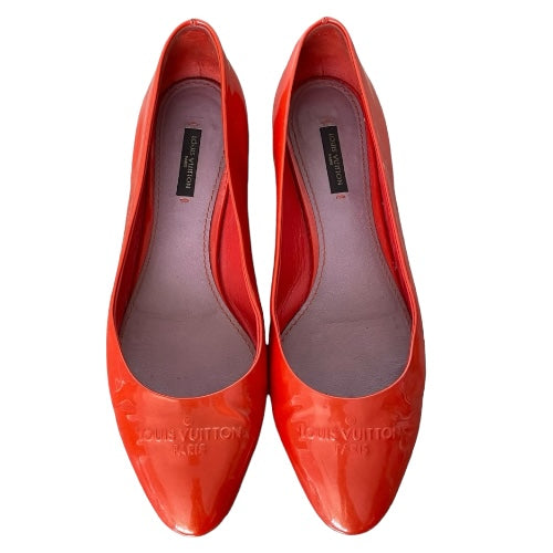 LOUIS VUITTON Orange Patent Leather Logo Embossed Ballet Flats, Size 39.5