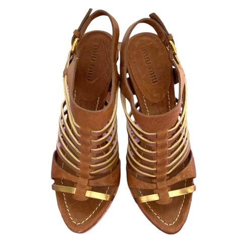 NEW MIU MIU Brown & Gold Leather Strappy Cork Platform Heel Sandals, Size 36
