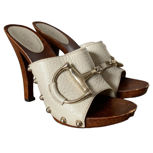 GUCCI Beige Leather Horsebit Icon Bit Wood Clogs, Size 35