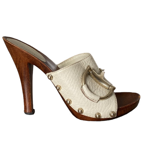 GUCCI Beige Leather Horsebit Icon Bit Wood Clogs, Size 35