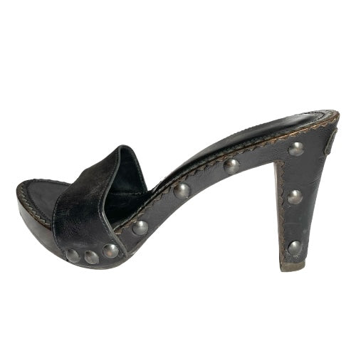 YSL YVES SAINT LAURENT Black Leather Strappy, Wood Clog Platform Mules, Size 37