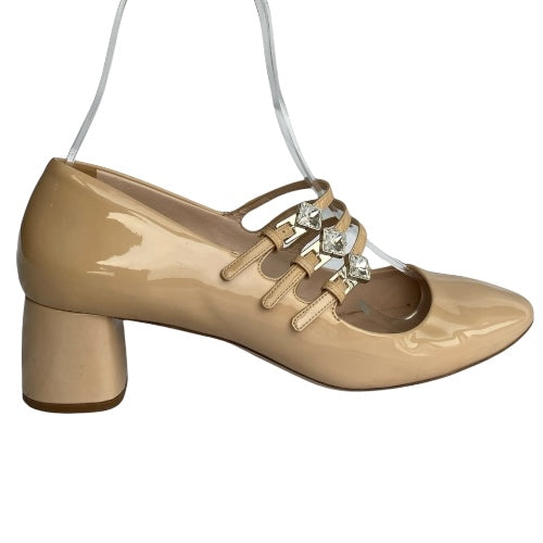 MIU MIU Beige Patent Leather Crystal Strap Mary Jane Low Heel Pumps, Size 38