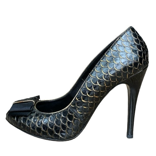 DOLCE & GABBANA Black Python Leather Bow Detail Pumps, Size 38.5