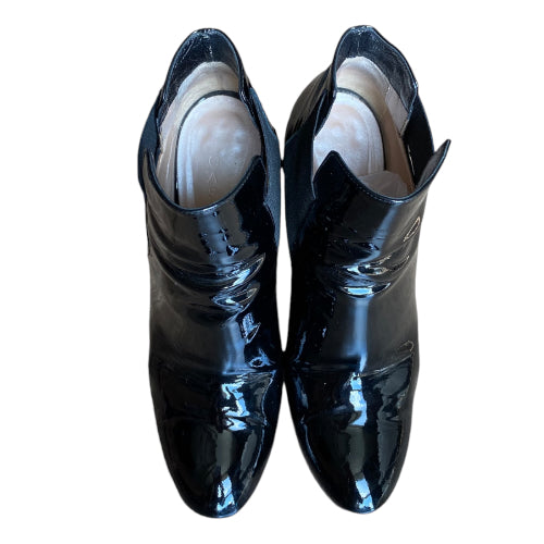 CASADEI Black Patent Leather Gold Chain Accent Block Heel Boots, Size 40