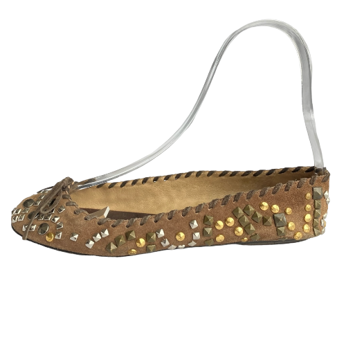 DOLCE & GABBANA Brown Nubuck Gold & Silver Studded Ballet Flats, Size 37