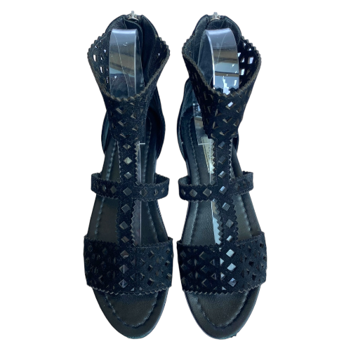 PRADA Black Suede Lasercut Gladiator Flat Sandals, Size 39