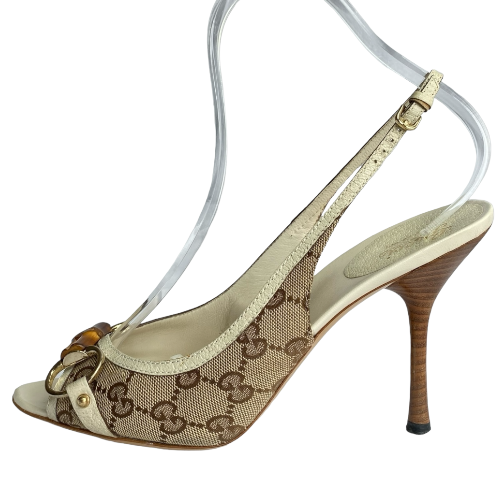 GUCCI Beige Canvas Bamboo Guccissima Horsebit Slingback Sandals, Size 40
