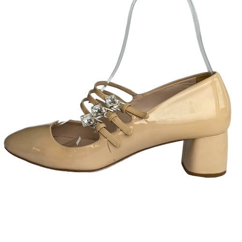 MIU MIU Beige Patent Leather Crystal Strap Mary Jane Low Heel Pumps, Size 38
