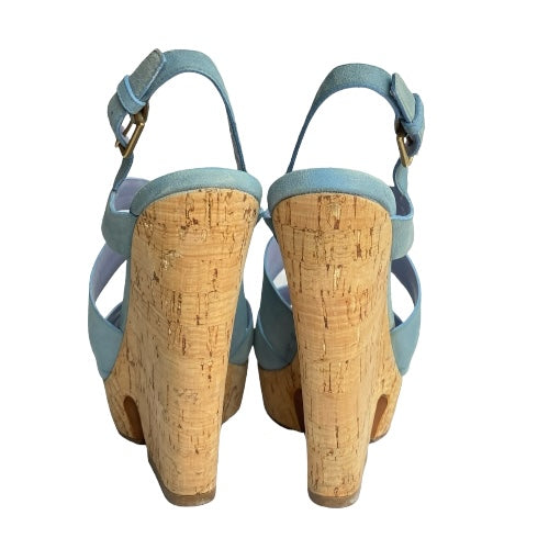 YVES Saint Laurent Lauren Blue Suede Crisscross Strappy Cork Wedge Sandals, 36.5