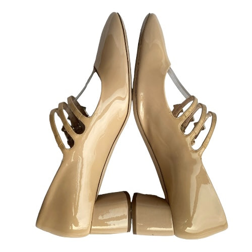 MIU MIU Beige Patent Leather Crystal Strap Mary Jane Low Heel Pumps, Size 38