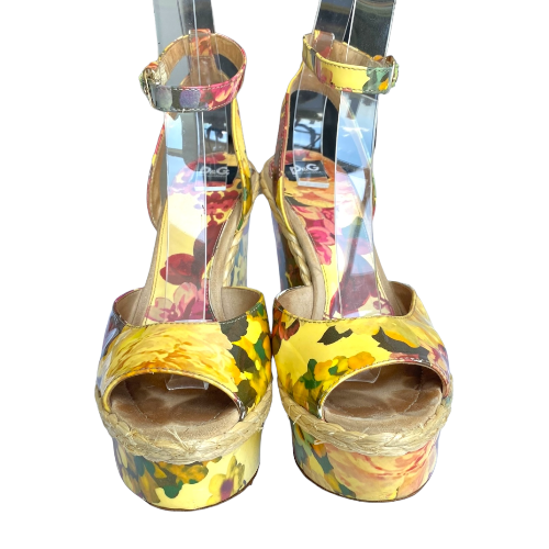DOLCE & GABBANA Multicolor Patent Leather Floral Print Wedge Sandals, Size 38