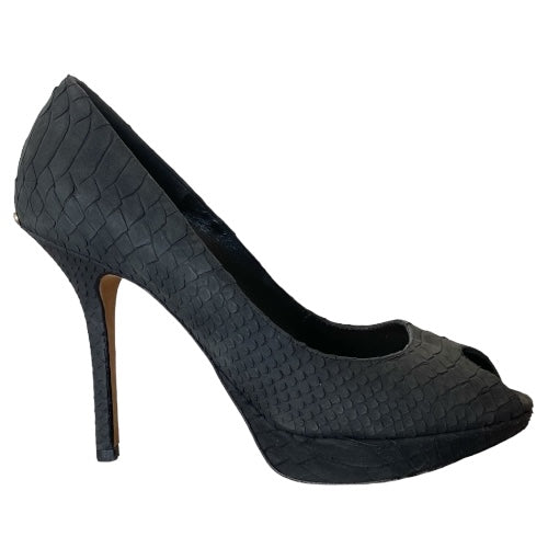 CHRISTIAN DIOR Miss Dior Black Python Leather Peep Toe Pumps, Size 37.5
