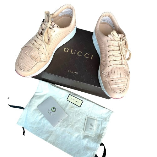GUCCI Poudre Pink Trim Leather Fringe Lace Up Low Sneakers, Size 36.5