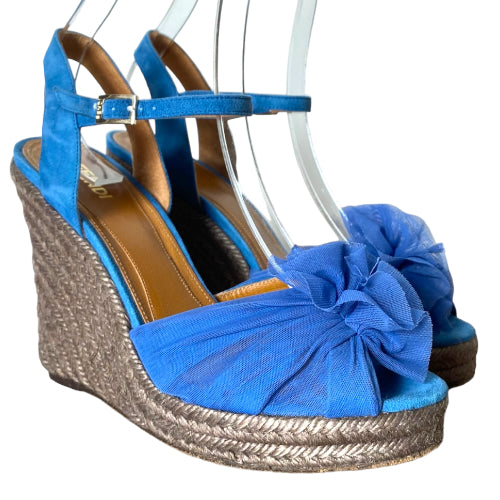 FENDI Blue Mesh Fabric & Suede Wedge Espadrille Ankle Strap Sandals, 39