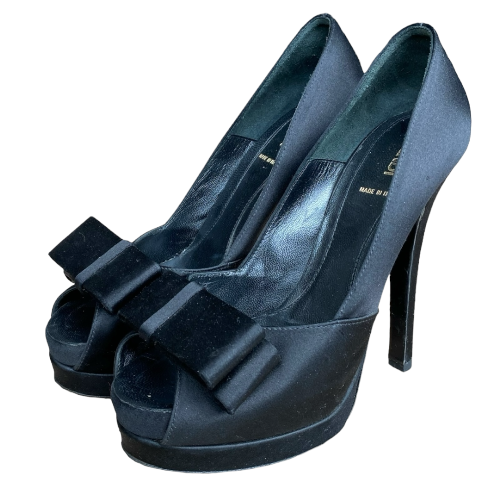 FENDI Black Satin Bow Peep Toe Platform Pumps, Size 37.5