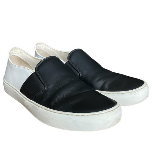 CHANEL Black & White Leather Flat Slip on Sneakers, Size 39