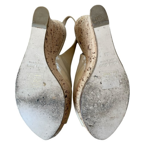 MIU MIU Beige Patent Leather Peep Toe Slingback Cork Wedge Sandals, Size 38