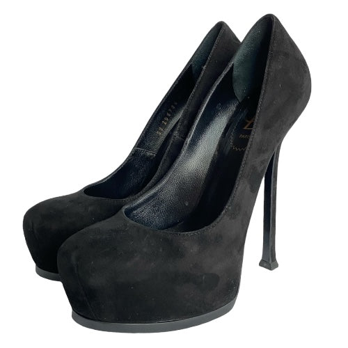 YSL YVES SAINT LAURENT Black Suede Tribtoo Tribute Platform Pumps, Size 37.5
