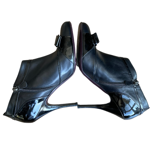 SALVATORE FERRAGAMO Black Leather Patent Bow & Buckle Detail Ankle Boots, 40