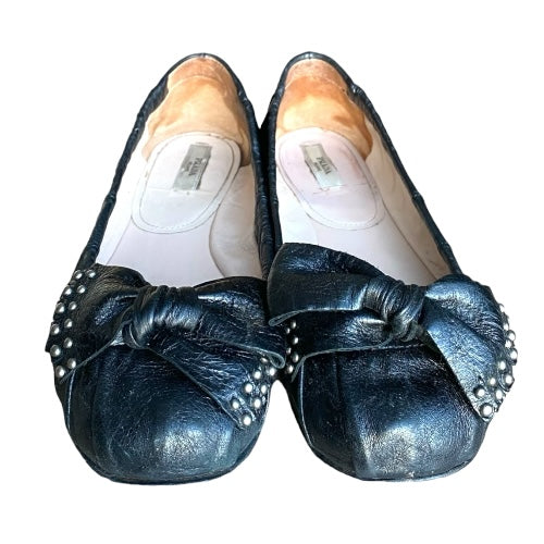 PRADA Black Leather Studded Bow Detail Ballet Flats, Size 39