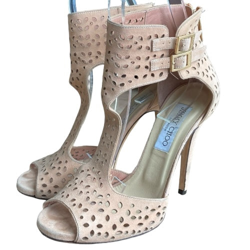 JIMMY CHOO Peach Pink Laser Cut Suede T Strap Peep Toe Sandals, Size 37.5