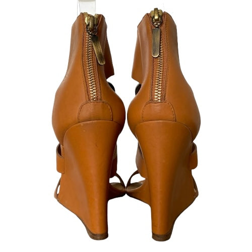 BALENCIAGA Camel Leather Strappy Gladiator Bronze Buckle Wedge Sandals, Size 40