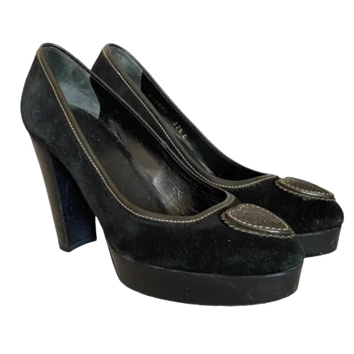 GUCCI Black Suede, Leather Heart Platform Pumps, Size 37.5