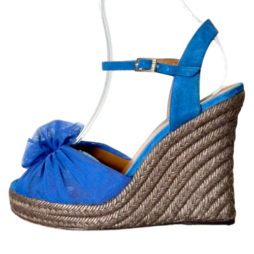 FENDI Blue Mesh Fabric & Suede Wedge Espadrille Ankle Strap Sandals, 39