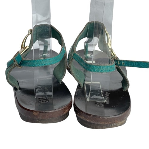 GUCCI Teal Green Nubuck & Leather Horsebit Buckle Flat Thong Sandals, Size 38.5