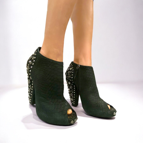 GIVENCHY Black Python Leather Studded Peep Toe Ankle Booties, Size 38