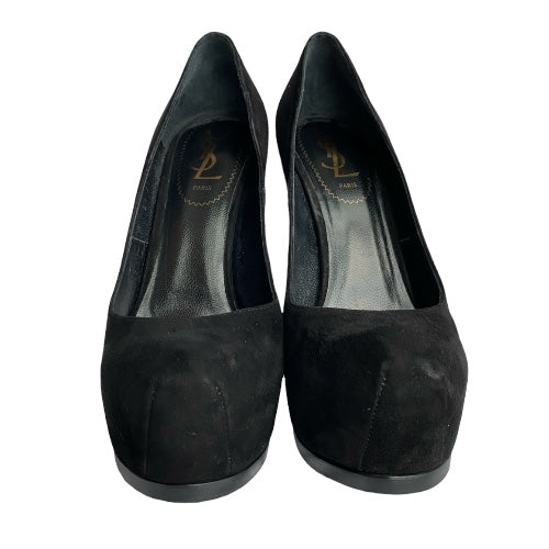 YSL YVES SAINT LAURENT Black Suede Tribtoo Tribute Platform Pumps, Size 37.5