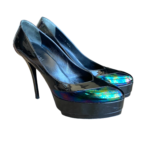 GUCCI Black Oil Slick Patent Leather Platform Pumps, Size 37.5