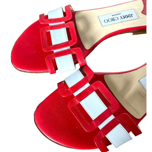 JIMMY CHOO Red & White Leather Flat Sandals, Size 36