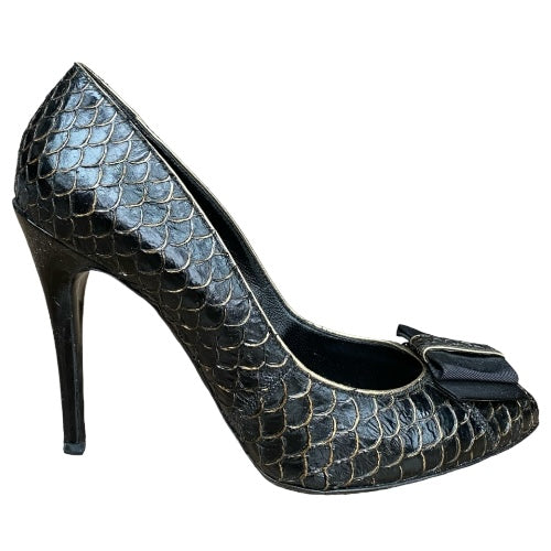 DOLCE & GABBANA Black Python Leather Bow Detail Pumps, Size 38.5