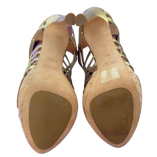 NEW MIU MIU Brown & Gold Leather Strappy Cork Platform Heel Sandals, Size 36