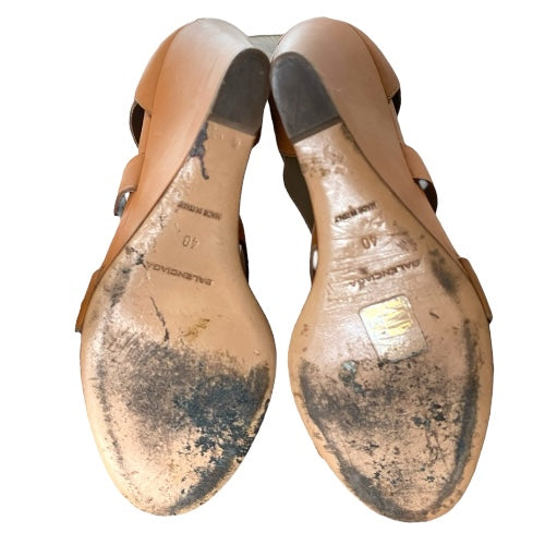 BALENCIAGA Camel Leather Strappy Gladiator Bronze Buckle Wedge Sandals, Size 40