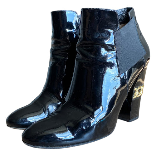 CASADEI Black Patent Leather Gold Chain Accent Block Heel Boots, Size 40