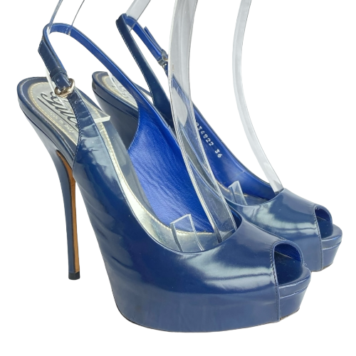 GUCCI Navy Patent Leather Peep Toe Slingback Platform Pumps, Size 36
