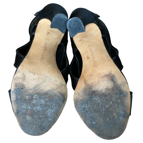 MANOLO BLAHNIK Black Satin Cutout Accents Slingback Heeled Sandals , Size 37