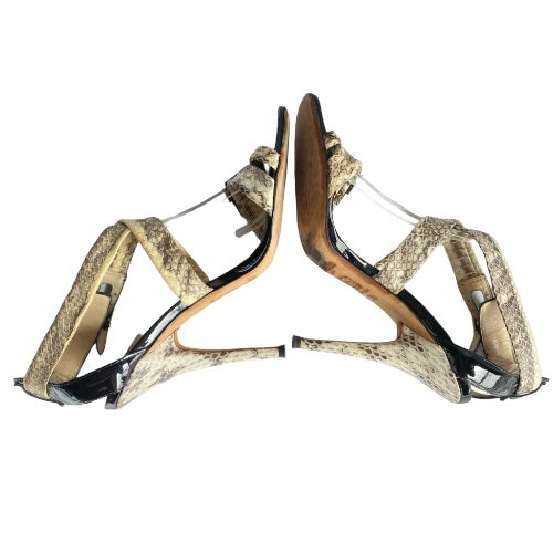JIMMY CHOO Aby Snakeskin & Black Patent Leather Crisscross Sandals, Size 37.5