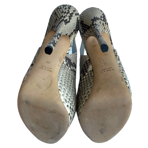 GUCCI Beige Python Leather Sofia Peep Toe Platform Slingback Pumps, Size 36